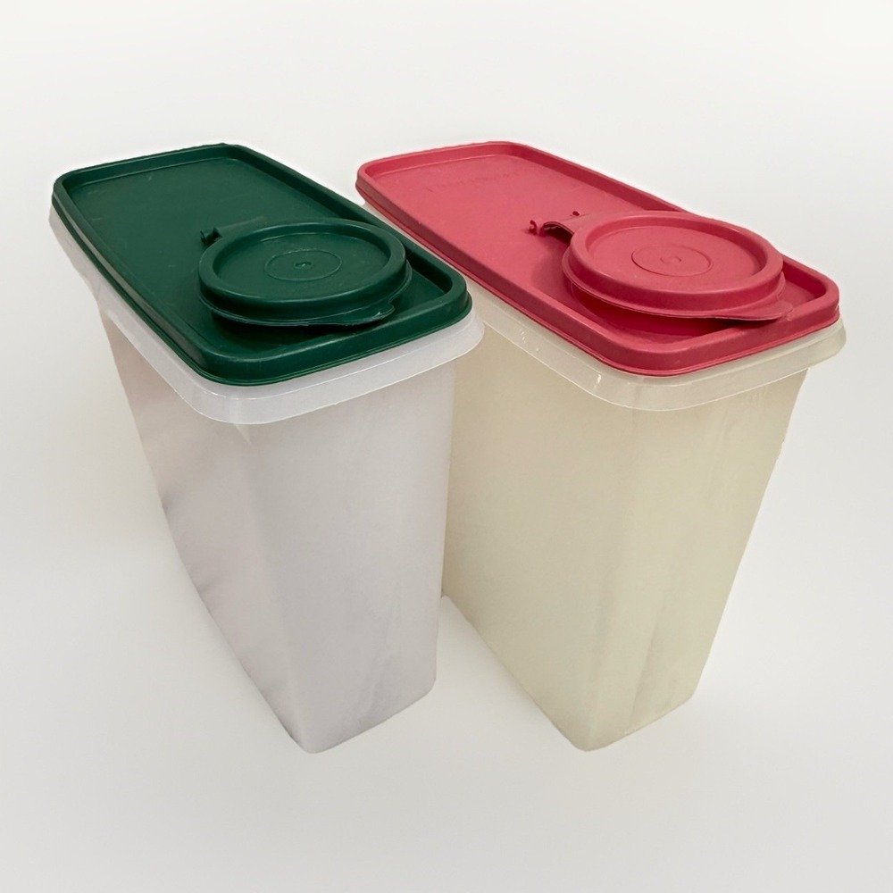 Vtg Tupperware Cereal Keeper Set 469-9 Red & 469-15 Green Storage Containers